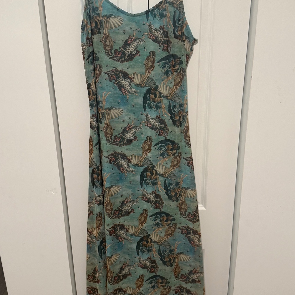 Renaissance Art Print Maxi Slip Dress Teal